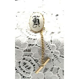 Vintage Gold Tone Tie Tack With Monogrammed Letter F & Chain